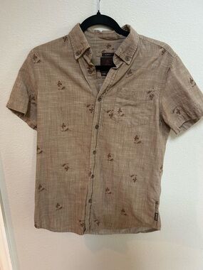Prana Short Sleeve Button-Down Shirt in Light Tan with subtle mountain print